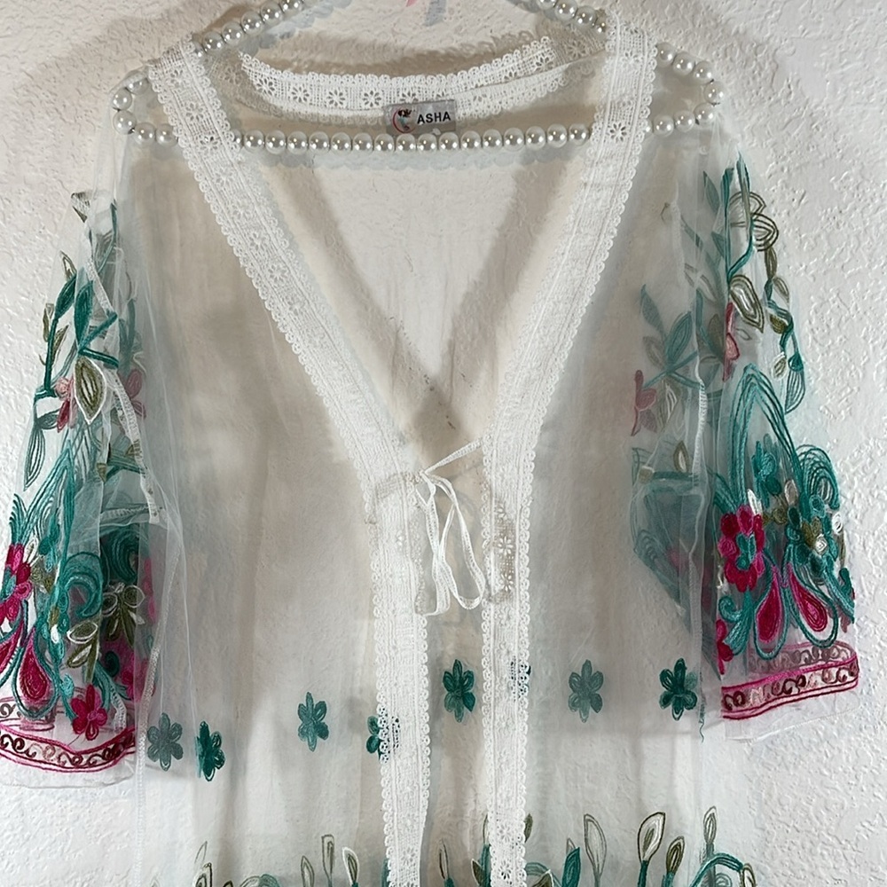 ASHA Floral Embroidered Lace Mesh Sheer Cardigan Kimono & Beach Cover Up - Picture 2 of 7